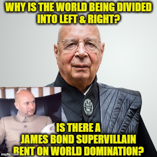 Divide & Conquer |  WHY IS THE WORLD BEING DIVIDED
INTO LEFT & RIGHT? IS THERE A
JAMES BOND SUPERVILLAIN
BENT ON WORLD DOMINATION? | image tagged in world domination | made w/ Imgflip meme maker