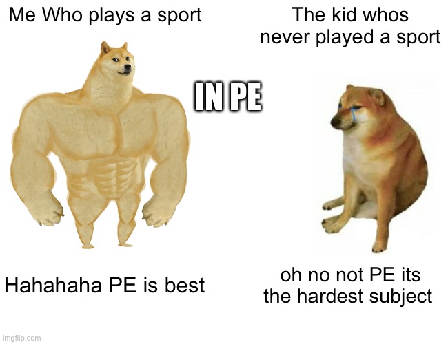 PE | Me Who plays a sport; The kid whos never played a sport; IN PE; Hahahaha PE is best; oh no not PE its the hardest subject | image tagged in memes,buff doge vs cheems | made w/ Imgflip meme maker