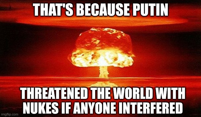 Nuclear Bomb Mind Blown | THAT'S BECAUSE PUTIN THREATENED THE WORLD WITH NUKES IF ANYONE INTERFERED | image tagged in nuclear bomb mind blown | made w/ Imgflip meme maker