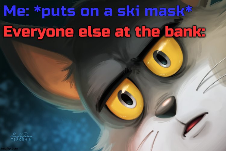 Unsettled Tom Stylized |  Me: *puts on a ski mask*; Everyone else at the bank: | image tagged in unsettled tom stylized | made w/ Imgflip meme maker