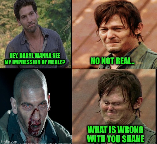 The walking dead meme | HEY, DARYL WANNA SEE MY IMPRESSION OF MERLE? NO NOT REAL.. WHAT IS WRONG WITH YOU SHANE | image tagged in meme,the walking dead,shane,daryl dixon | made w/ Imgflip meme maker