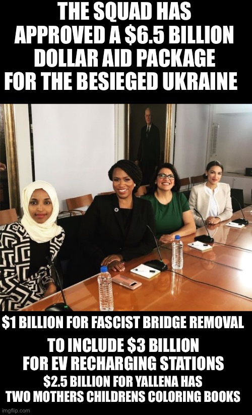 yep | THE SQUAD HAS APPROVED A $6.5 BILLION DOLLAR AID PACKAGE FOR THE BESIEGED UKRAINE; $1 BILLION FOR FASCIST BRIDGE REMOVAL; TO INCLUDE $3 BILLION FOR EV RECHARGING STATIONS; $2.5 BILLION FOR YALLENA HAS TWO MOTHERS CHILDRENS COLORING BOOKS | image tagged in the squad | made w/ Imgflip meme maker