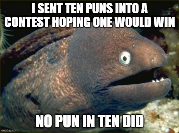 Double Cringe | I SENT TEN PUNS INTO A CONTEST HOPING ONE WOULD WIN; NO PUN IN TEN DID | image tagged in memes,bad joke eel | made w/ Imgflip meme maker
