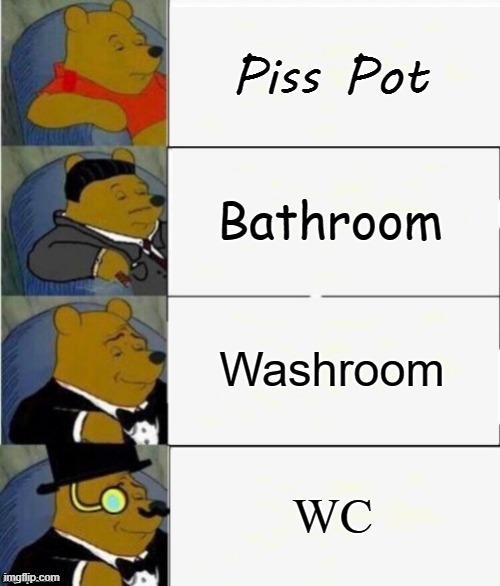 Toitet Humor | Piss Pot; Bathroom; Washroom; WC | image tagged in tuxedo winnie the pooh 4 panel,toilet,bathroom | made w/ Imgflip meme maker