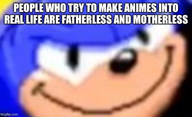 Sonic smile | PEOPLE WHO TRY TO MAKE ANIMES INTO REAL LIFE ARE FATHERLESS AND MOTHERLESS | image tagged in sonic smile | made w/ Imgflip meme maker