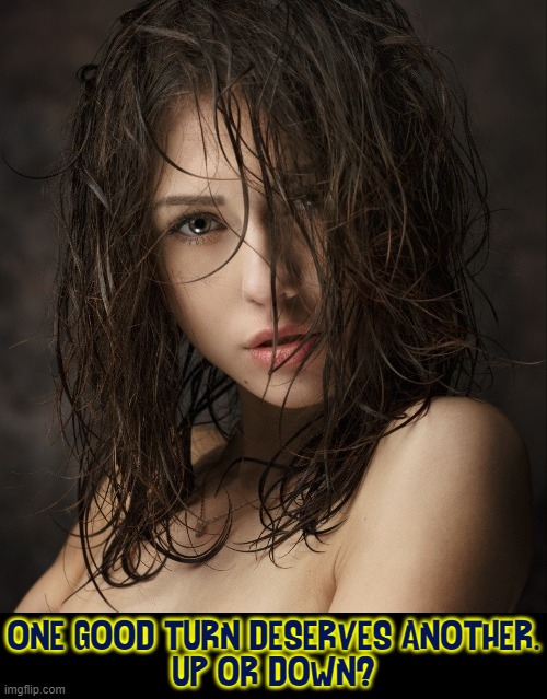 A Pretty Girl is Like a Melody | ONE GOOD TURN DESERVES ANOTHER.
UP OR DOWN? | image tagged in vince vance,pretty girl,beautiful woman,wet hair,memes,green eyes | made w/ Imgflip meme maker