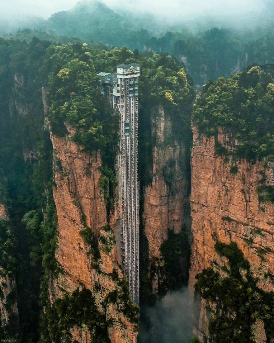 Zhangjiajie, China. Tallest Outdoor Elevator in the World | image tagged in awesome,pics,photography | made w/ Imgflip meme maker