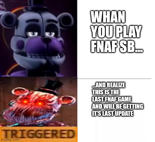 Triggered nightmare ctw funtime freddy | WHAN YOU PLAY FNAF SB... ...AND REALIZE THIS IS THE LAST FNAF GAME AND WILL BE GETTING IT'S LAST UPDATE | image tagged in funtime freddy | made w/ Imgflip meme maker