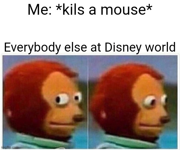 Monkey Puppet Meme | Me: *kils a mouse*; Everybody else at Disney world | image tagged in memes,monkey puppet | made w/ Imgflip meme maker