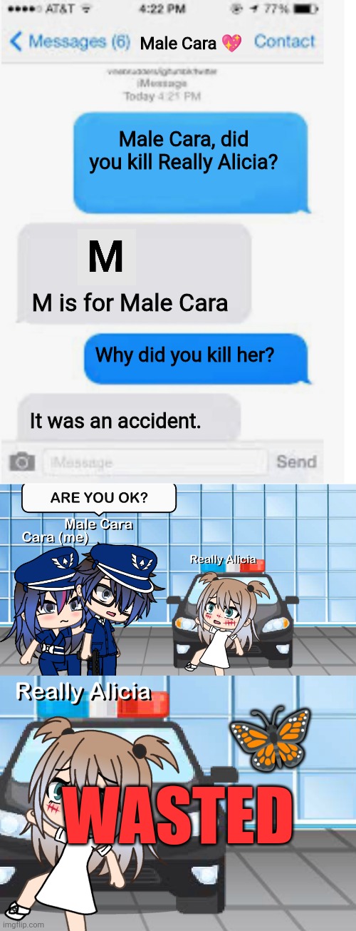 Male Cara killed Really Alicia?! | Male Cara 💖; Male Cara, did you kill Really Alicia? M is for Male Cara; Why did you kill her? It was an accident. 🦋; WASTED | image tagged in blank text conversation,pop up school,memes,death,wasted,gta | made w/ Imgflip meme maker