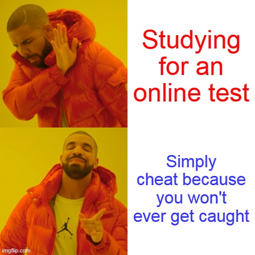it's the schools fault in the end. | Studying for an online test; Simply cheat because you won't ever get caught | image tagged in memes,drake hotline bling,fun,school,test | made w/ Imgflip meme maker