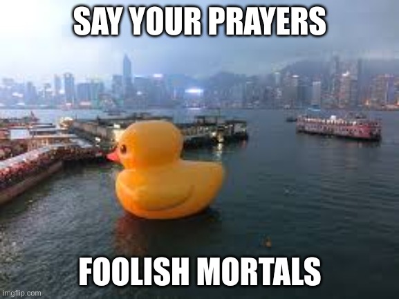 Big duck | SAY YOUR PRAYERS; FOOLISH MORTALS | image tagged in duck,rubber duck,foolish mortals,memes | made w/ Imgflip meme maker