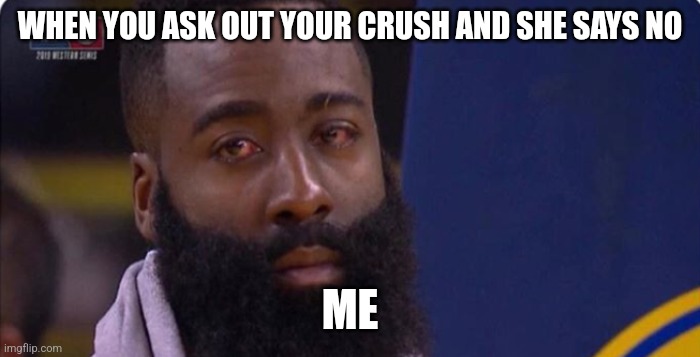 James Harden eyes | WHEN YOU ASK OUT YOUR CRUSH AND SHE SAYS NO; ME | image tagged in james harden eyes | made w/ Imgflip meme maker