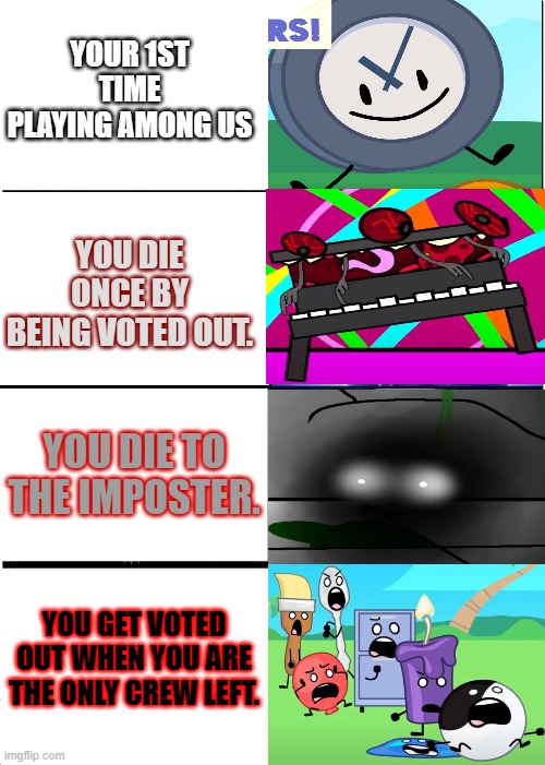All your pain in Among us in one Meme. | YOUR 1ST TIME PLAYING AMONG US; YOU DIE ONCE BY BEING VOTED OUT. YOU DIE TO THE IMPOSTER. YOU GET VOTED OUT WHEN YOU ARE THE ONLY CREW LEFT. | image tagged in memes,expanding brain | made w/ Imgflip meme maker
