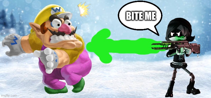 Wario makes fun of Uzi's size and gets blasted by Uzi's raygun and dies.mp3 | BITE ME | image tagged in wario dies,wario,murder drones | made w/ Imgflip meme maker
