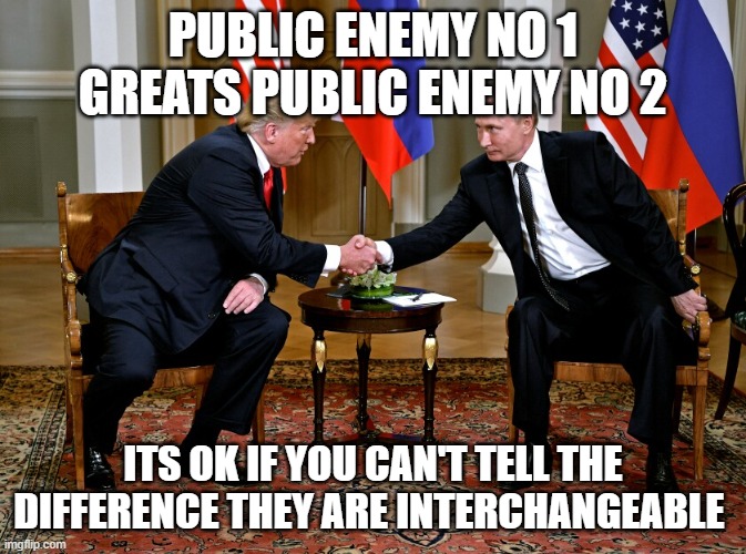 Trump and Putin Public Enemies | PUBLIC ENEMY NO 1 GREATS PUBLIC ENEMY NO 2; ITS OK IF YOU CAN'T TELL THE DIFFERENCE THEY ARE INTERCHANGEABLE | image tagged in putin and trump | made w/ Imgflip meme maker