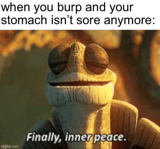 question: is a burp and belch the same thing? | when you burp and your stomach isn’t sore anymore: | image tagged in finally inner peace,funny,memes,funny memes,barney will eat all of your delectable biscuits,burp | made w/ Imgflip meme maker