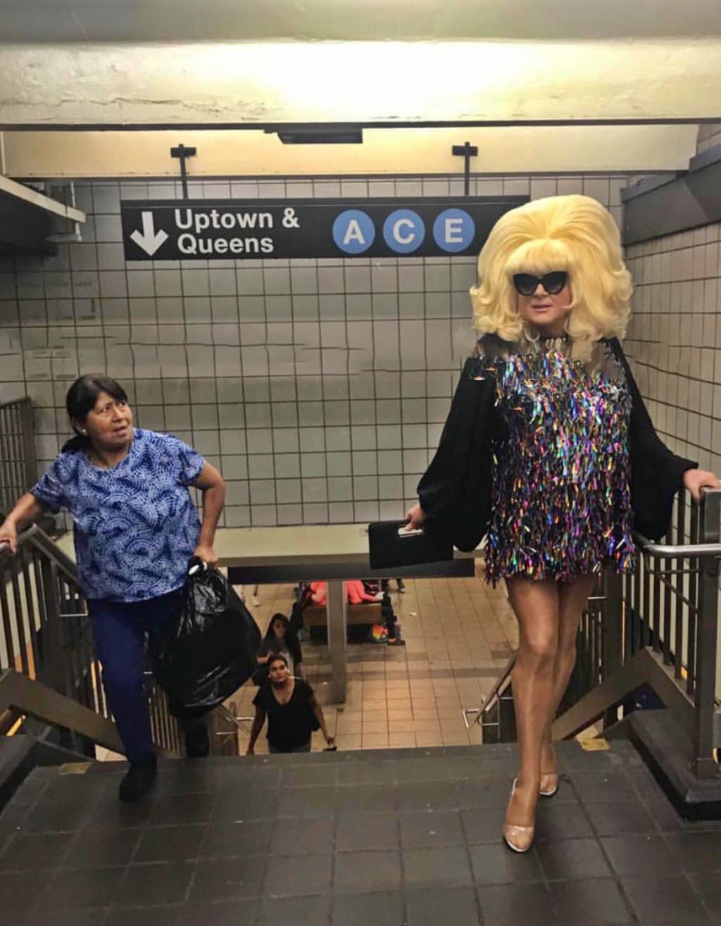lady bunny subway woman stairs Blank Meme Template