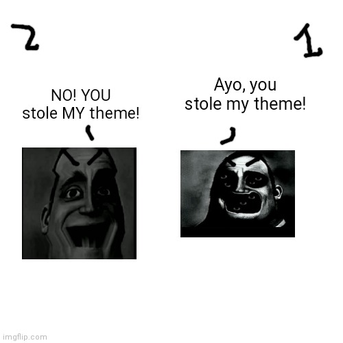 when mr incredible phase 8 sus and phase 7 story mode have a argument of accusing others stealing "their" themes... | NO! YOU stole MY theme! Ayo, you stole my theme! | image tagged in argument,angry,sus,mr incredible becoming uncanny,funny,argue | made w/ Imgflip meme maker