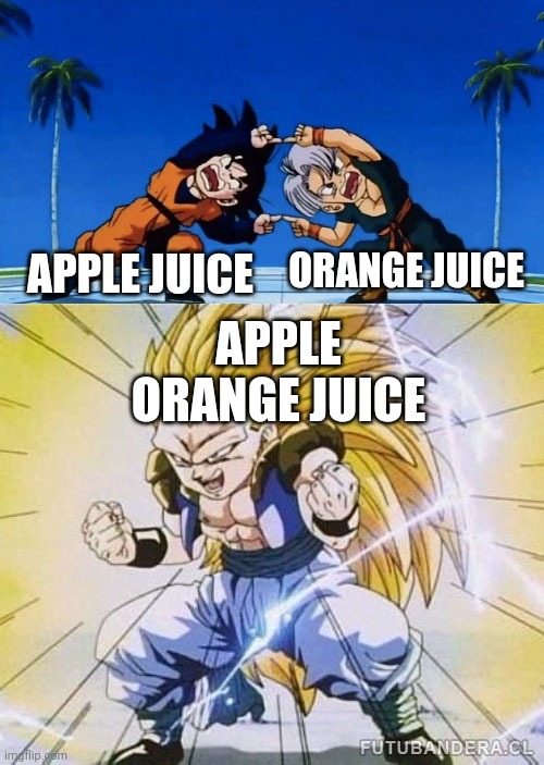 Juice Fusion | ORANGE JUICE; APPLE JUICE; APPLE ORANGE JUICE | image tagged in dbz fusion | made w/ Imgflip meme maker