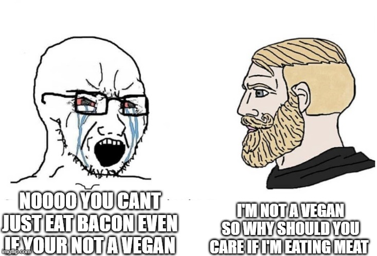 vegans that force others to be vegan are dumb | I'M NOT A VEGAN SO WHY SHOULD YOU CARE IF I'M EATING MEAT; NOOOO YOU CANT JUST EAT BACON EVEN IF YOUR NOT A VEGAN | image tagged in soyboy vs yes chad | made w/ Imgflip meme maker