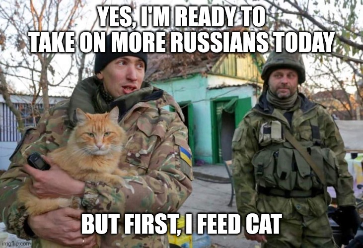 But first, i feed cat | YES, I'M READY TO TAKE ON MORE RUSSIANS TODAY; BUT FIRST, I FEED CAT | image tagged in ukrainian war cat,ukraine,russian,ukrainian,cat | made w/ Imgflip meme maker