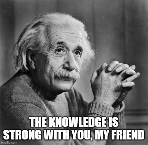 Einstein | THE KNOWLEDGE IS STRONG WITH YOU, MY FRIEND | image tagged in einstein | made w/ Imgflip meme maker