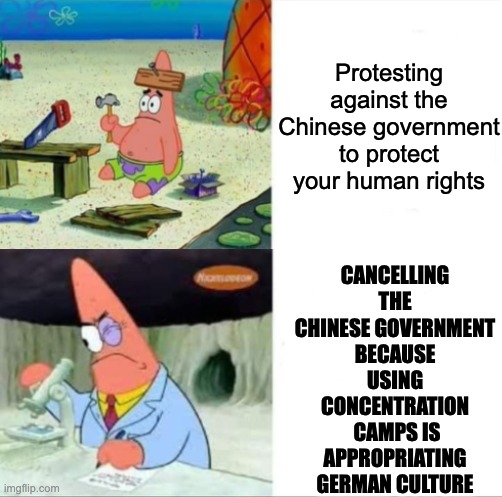how to stop china | Protesting against the Chinese government to protect your human rights; CANCELLING THE CHINESE GOVERNMENT BECAUSE USING CONCENTRATION  CAMPS IS APPROPRIATING GERMAN CULTURE | image tagged in patrick,patrick smart dumb,funny memes,memes,so true memes,truth | made w/ Imgflip meme maker