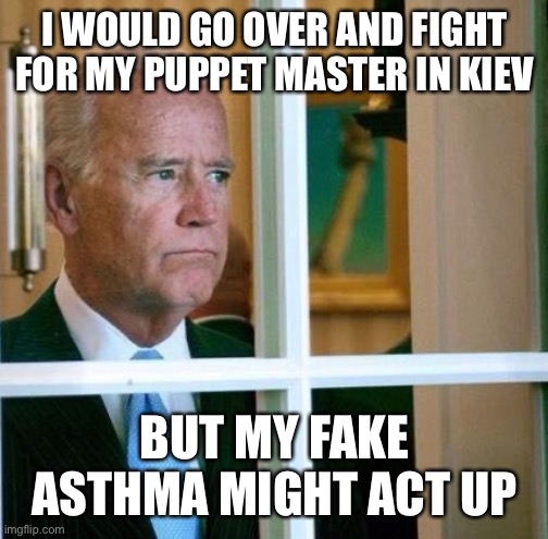 Sad Joe Biden | I WOULD GO OVER AND FIGHT FOR MY PUPPET MASTER IN KIEV; BUT MY FAKE ASTHMA MIGHT ACT UP | image tagged in sad joe biden | made w/ Imgflip meme maker
