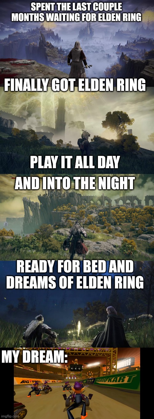 GUESS I'LL HAVE TO PLAY IT SOME MORE | SPENT THE LAST COUPLE MONTHS WAITING FOR ELDEN RING; FINALLY GOT ELDEN RING; PLAY IT ALL DAY; AND INTO THE NIGHT; READY FOR BED AND DREAMS OF ELDEN RING; MY DREAM: | image tagged in elden ring,dark souls,video games,mario kart,waluigi | made w/ Imgflip meme maker