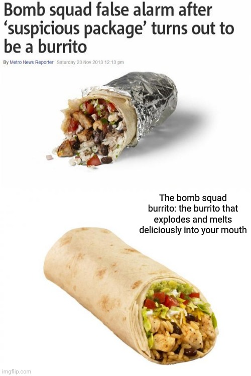 Turned out to be a burrito |  The bomb squad burrito: the burrito that explodes and melts deliciously into your mouth | image tagged in burrito,funny,memes,blank white template,you had one job,you had one job just the one | made w/ Imgflip meme maker