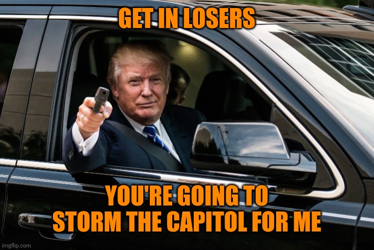 MAGA losers | GET IN LOSERS; YOU'RE GOING TO STORM THE CAPITOL FOR ME | image tagged in trump get in | made w/ Imgflip meme maker