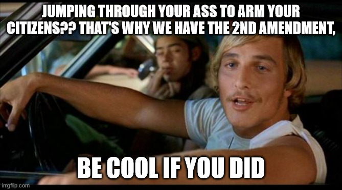 Matthew Mcconaughey | JUMPING THROUGH YOUR ASS TO ARM YOUR CITIZENS?? THAT'S WHY WE HAVE THE 2ND AMENDMENT, BE COOL IF YOU DID | image tagged in matthew mcconaughey | made w/ Imgflip meme maker
