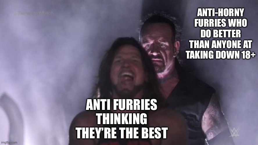 I’ve seen the work of these guys, they make the fandom a better place | ANTI-HORNY FURRIES WHO DO BETTER THAN ANYONE AT TAKING DOWN 18+; ANTI FURRIES THINKING THEY’RE THE BEST | image tagged in aj styles undertaker,furry,furry memes,the furry fandom | made w/ Imgflip meme maker