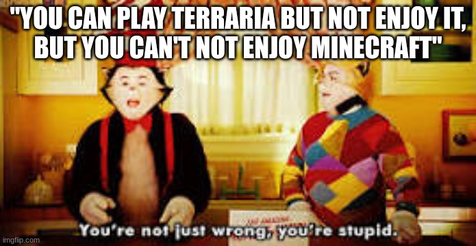 Your not just wrong your stupid | "YOU CAN PLAY TERRARIA BUT NOT ENJOY IT,
BUT YOU CAN'T NOT ENJOY MINECRAFT" | image tagged in your not just wrong your stupid | made w/ Imgflip meme maker