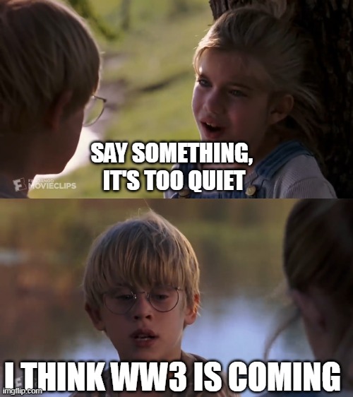 Thank You, Russia and Ukraine | SAY SOMETHING, 
IT'S TOO QUIET; I THINK WW3 IS COMING | image tagged in say something it's too quiet,meme,memes,world war 3,ww3,russian invasion | made w/ Imgflip meme maker