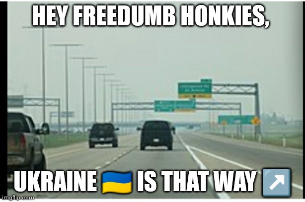 FReEdUmBs | HEY FREEDUMB HONKIES, UKRAINE 🇺🇦 IS THAT WAY ↗️ | image tagged in freedom | made w/ Imgflip meme maker