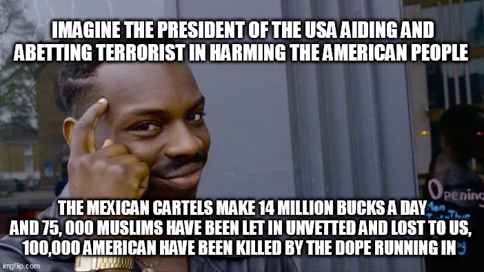 Roll Safe Think About It Meme | IMAGINE THE PRESIDENT OF THE USA AIDING AND ABETTING TERRORIST IN HARMING THE AMERICAN PEOPLE; THE MEXICAN CARTELS MAKE 14 MILLION BUCKS A DAY AND 75, 000 MUSLIMS HAVE BEEN LET IN UNVETTED AND LOST TO US, 
100,000 AMERICAN HAVE BEEN KILLED BY THE DOPE RUNNING IN | image tagged in memes,roll safe think about it | made w/ Imgflip meme maker