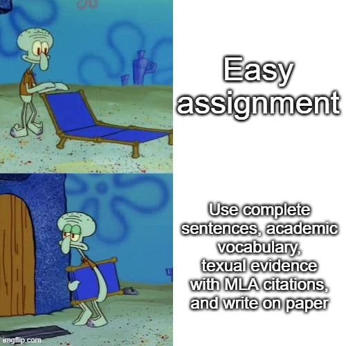 Squidward chair | Easy assignment; Use complete sentences, academic vocabulary, texual evidence with MLA citations, and write on paper | image tagged in squidward chair | made w/ Imgflip meme maker
