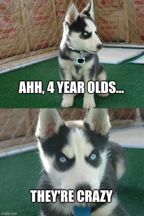 Insanity Puppy Meme | AHH, 4 YEAR OLDS... THEY'RE CRAZY | image tagged in memes,insanity puppy | made w/ Imgflip meme maker