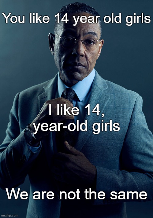 . | You like 14 year old girls; I like 14, year-old girls; We are not the same | image tagged in gus fring we are not the same | made w/ Imgflip meme maker