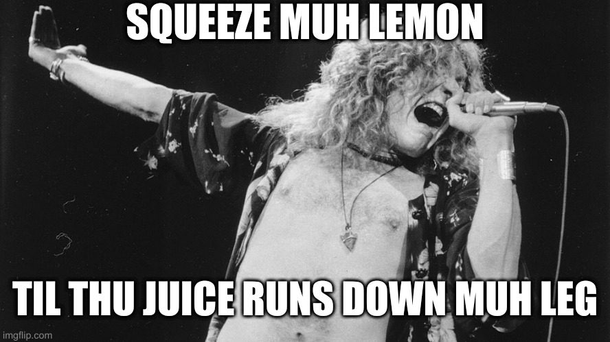 Led Zeppelin | SQUEEZE MUH LEMON TIL THU JUICE RUNS DOWN MUH LEG | image tagged in led zeppelin | made w/ Imgflip meme maker