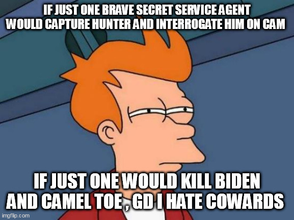 Futurama Fry Meme | IF JUST ONE BRAVE SECRET SERVICE AGENT WOULD CAPTURE HUNTER AND INTERROGATE HIM ON CAM; IF JUST ONE WOULD KILL BIDEN AND CAMEL TOE , GD I HATE COWARDS | image tagged in memes,futurama fry | made w/ Imgflip meme maker