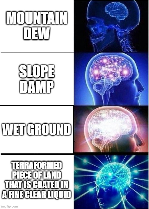 The Smarter way to say Mountain Dew | MOUNTAIN DEW; SLOPE DAMP; WET GROUND; TERRAFORMED PIECE OF LAND THAT IS COATED IN A FINE CLEAR LIQUID | image tagged in memes,expanding brain | made w/ Imgflip meme maker