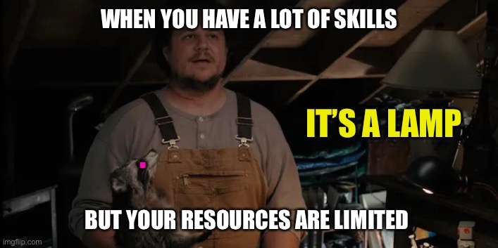 When your mailbox work is finished for the day but you still work | WHEN YOU HAVE A LOT OF SKILLS; IT’S A LAMP; . BUT YOUR RESOURCES ARE LIMITED | image tagged in raccoon lamp | made w/ Imgflip meme maker