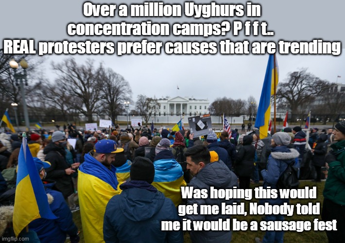 The "Never heard of it til last week crowd" | Over a million Uyghurs in concentration camps? P f f t.. 
REAL protesters prefer causes that are trending; Was hoping this would get me laid, Nobody told me it would be a sausage fest | image tagged in memes | made w/ Imgflip meme maker