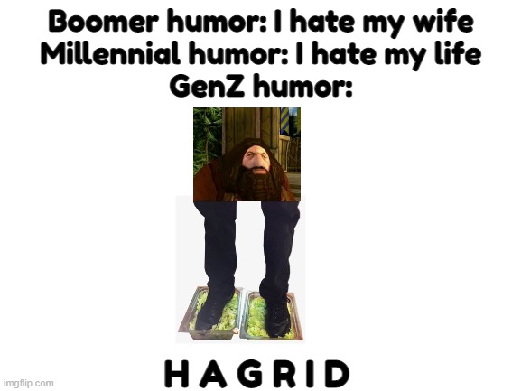 . | Boomer humor: I hate my wife
Millennial humor: I hate my life
GenZ humor:; H A G R I D | image tagged in blank white template | made w/ Imgflip meme maker