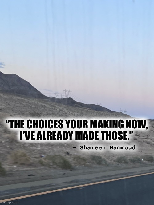 The journey | “THE CHOICES YOUR MAKING NOW,
I’VE ALREADY MADE THOSE.”; - Shareen Hammoud | image tagged in journey,agerequirement,selfmade,thegame,mental health | made w/ Imgflip meme maker