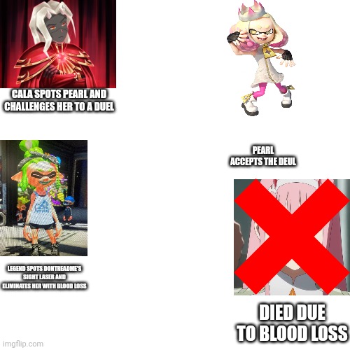 Only three left remaining, Will legend play the long game and wait for Cala and pearl to duel or join the fight | CALA SPOTS PEARL AND CHALLENGES HER TO A DUEL; PEARL ACCEPTS THE DEUL; LEGEND SPOTS DONTREADME'S SIGHT LASER AND ELIMINATES HER WITH BLOOD LOSS; DIED DUE TO BLOOD LOSS | image tagged in memes,blank transparent square | made w/ Imgflip meme maker