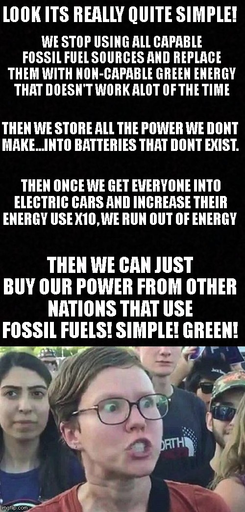LOOK ITS REALLY QUITE SIMPLE! WE STOP USING ALL CAPABLE FOSSIL FUEL SOURCES AND REPLACE THEM WITH NON-CAPABLE GREEN ENERGY THAT DOESN'T WORK ALOT OF THE TIME; THEN WE STORE ALL THE POWER WE DONT MAKE...INTO BATTERIES THAT DONT EXIST. THEN ONCE WE GET EVERYONE INTO ELECTRIC CARS AND INCREASE THEIR ENERGY USE X10, WE RUN OUT OF ENERGY; THEN WE CAN JUST BUY OUR POWER FROM OTHER NATIONS THAT USE FOSSIL FUELS! SIMPLE! GREEN! | image tagged in blank,triggered liberal | made w/ Imgflip meme maker